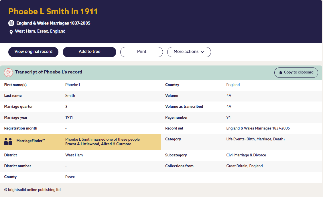 Civil Marriage Record Phoebe Louisa Smith and Alfred Cutmore 1911